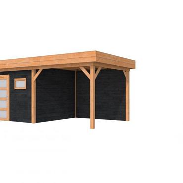 Douglas Topvision Raaf, 298 x 298 en luifel 300 cm, wanden zwart geïmpregneerd en basis onbehandeld.