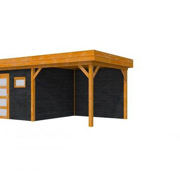 Douglas Topvision Raaf, 298 x 298 en luifel 300 cm, wanden zwart geïmpregneerd en basis transparant gespoten.