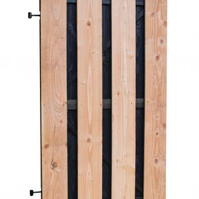 Douglas fijnbezaagde plankendeur met zwarte binnenzijde, op zwart verstelbaar frame, 100 x 180 cm, zwart/onbehandeld.