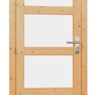 Vuren enkele 4-ruits deur inclusief kozijn, rechtsdraaiend, 90 x 201 cm, onbehandeld.