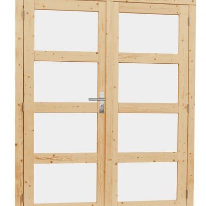 Vuren dubbele 4-ruits deur inclusief kozijn, 168 x 201 cm, onbehandeld.