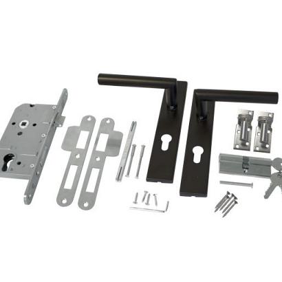 RVS luxe deurbeslagset zwart gecoat. SKG keurmerk met slotkast, cilinder, slot en duimen.