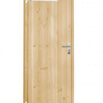 Vuren dichte enkele deur 90x201 cm, rechtsdraaiend, verzinkte hengen, RVS beslag, onbehandeld.