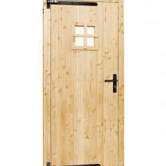 Vuren dichte enkele deur met ruitje 90x201 cm, rechtsdraaiend, zwarte hengen, zwart beslag, onbehandeld.