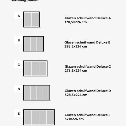 Glazen schuifwand Deluxe D (328,5x224 cm), zwart (RAL9005), inclusief zwarte knop, tochtstrippen en meenemers.