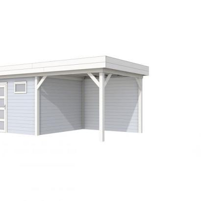 Vuren Topvision Tapuit, 300 x 300 en luifel 300 cm, wanden lichtgrijs en basis wit.