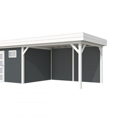 Vuren Topvision Tapuit, 300 x 300 en luifel 400 cm, wanden antraciet en basis wit.