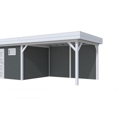 Vuren Topvision Tapuit, 300 x 300 en luifel 400 cm, wanden antraciet en basis lichtgrijs.