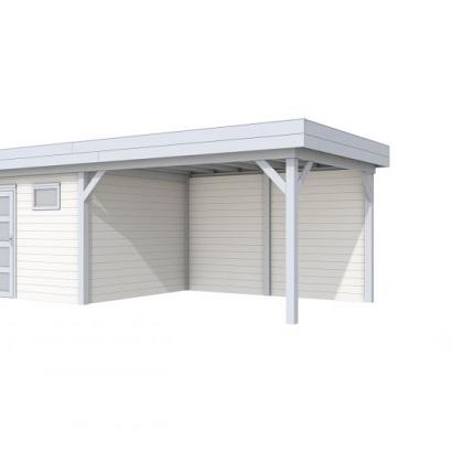 Vuren Topvision Tapuit, 300 x 300 en luifel 400 cm, wanden wit en basis lichtgrijs.