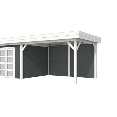 Vuren Topvision Bosuil, 300 x 300 en luifel 400 cm, wanden antraciet en basis wit.