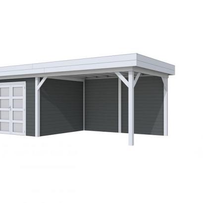 Vuren Topvision Bosuil, 300 x 300 en luifel 400 cm, wanden antraciet en basis lichtgrijs.