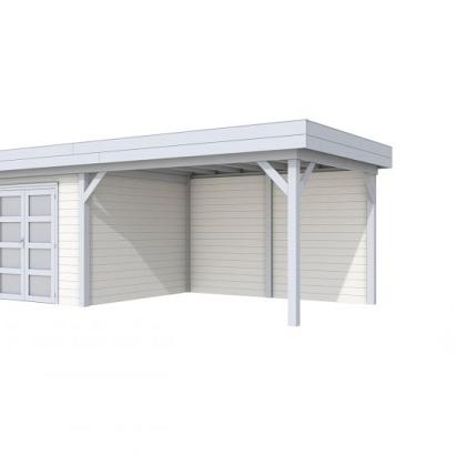 Vuren Topvision Bosuil, 300 x 300 en luifel 400 cm, wanden lichtgrijs en basis wit.