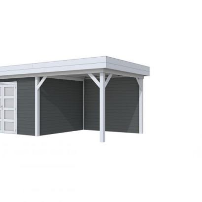 Vuren Topvision Parelhoen, 400 x 300 en luifel 300 cm, wanden antraciet en basis lichtgrijs.