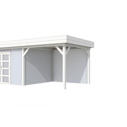 Vuren Topvision Parelhoen, 400 x 300 en luifel 300 cm, wanden lichtgrijs en basis wit.