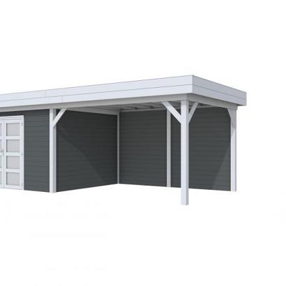 Vuren Topvision Parelhoen, 400 x 300 en luifel 400 cm, wanden antraciet en basis lichtgrijs.