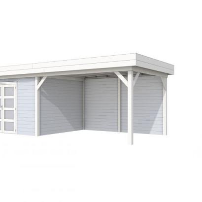 Vuren Topvision Parelhoen, 400 x 300 en luifel 400 cm, wanden lichtgrijs en basis wit.