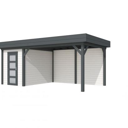 Vuren Topvision Kiekendief, 200 x 300 en luifel 400 cm, wanden wit en basis antraciet.