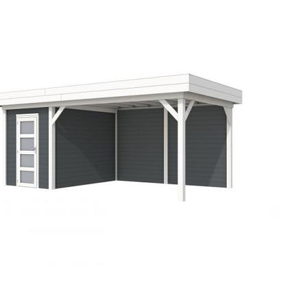 Vuren Topvision Kiekendief, 200 x 300 en luifel 400 cm, wanden antraciet en basis wit.