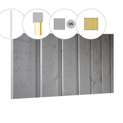 Banddeel plankenset vuren bij wand D, 328,5 x 224 cm, lichtgrijs gespoten.