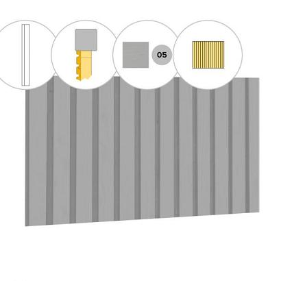 Rhombusprofiel vuren enkelzijdige achterwand E, 371 x 125 cm, lichtgrijs gespoten.