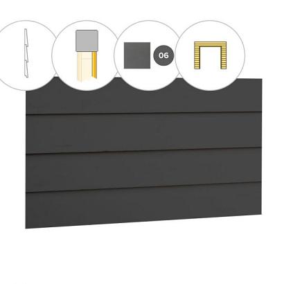 Zweeds rabat plankenset vuren bij voorwand D, t.b.v. dubbele deur, 328,5 x 285 cm, antraciet gespoten.