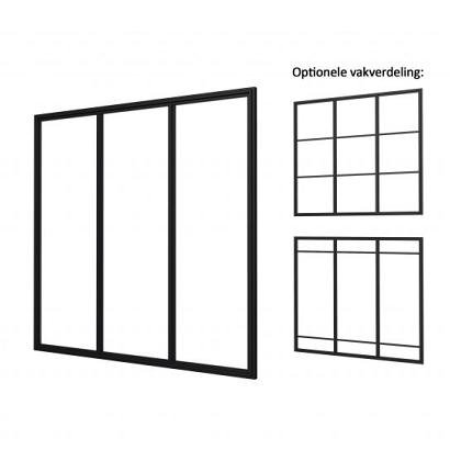 Industriële glaspui B, zwart gecoat aluminium raamwerk, 228,5 x 224 cm.